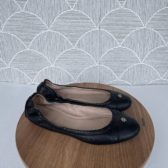 Tory Burch Black Snake Skin Leather Ballet Flats Cap Toe‎ Logo Accents Size 7.5M - Picture 1 of 9